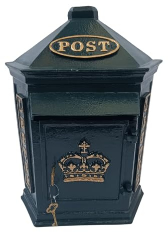 Cassetta postale fissata al muro verde del metallo del ghisa con il dettaglio della corona/lettere dell'oro