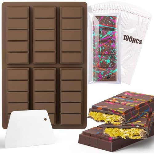 ZEPIQOR Dubaï Moule à chocolat en silicone avec 6 planches de chocolat profond, grattoir et sac et autocollants, moule à chocolat Dubaï pour chocolat, praline, bonbons (longue bande)