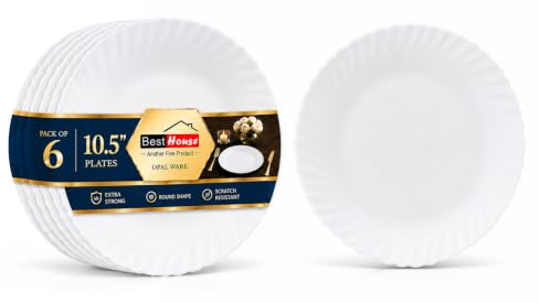 BH | Opalware Dinner Plates Set of 6 | Round White Dinner Plates | 10.5 / 26.5cm | Microwave, Oven & Dishwasher Safe | Elegant Dinnerware Tableware for Everyday Dining, Kitchen & Home – by Best House