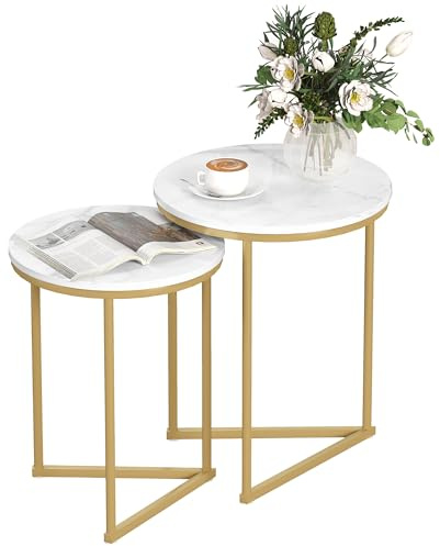 HOMCOM Nesting Coffee Table Set of 2 Round Metal Frame Gold Tone | Modern Nest of Tables, Living Room, Bedroom, Small Space