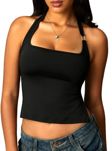 Navneet Neckholder Top Damen Y2K Crop Top mit Schlitz Rückenfreies Bauchfreies Oberteil Sommer Sexy Festival Schwarz XS