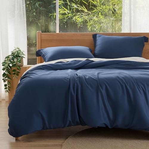 Bedsure 100% Rayon Derived from Bamboo Duvet Cover King Size - Lightweight Silky Cooling Comforter Cover Set for Hot Sleepers, Breathable & Moisture-Wicking Bedding Set, Navy