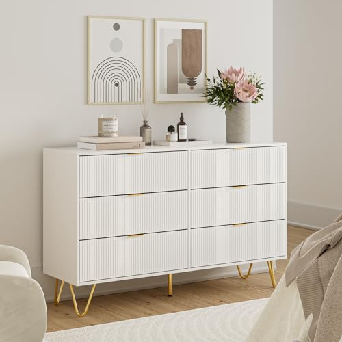 Apetaccat 6-Schubladen-Kommode, 120x34x73cm, Holzkommode Sideboard, Kleiderschrank mit schubladen für Büro, Wohnzimmer, Wohnbereich, Hochglanz Weiß Groß
