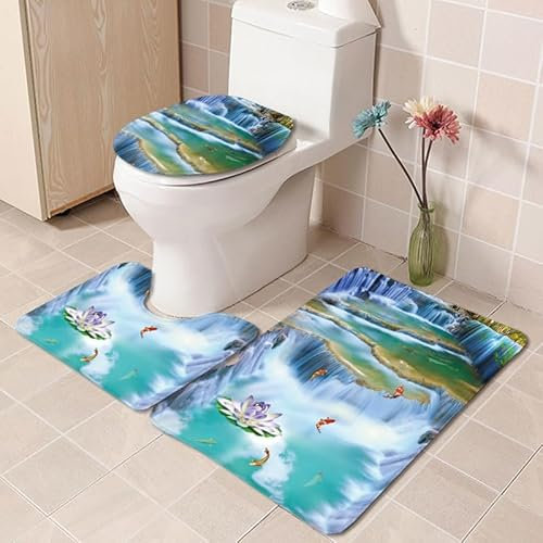 Badezimmerteppich Blauer Wasserfall Lotus WC Vorleger mit Ausschnitt WC Deckelbezug 3 Teiliges WC Teppich rutschfeste Badgarnitur U förmiger Badematte Waschbar Bad Teppiche Set 50x80 cm