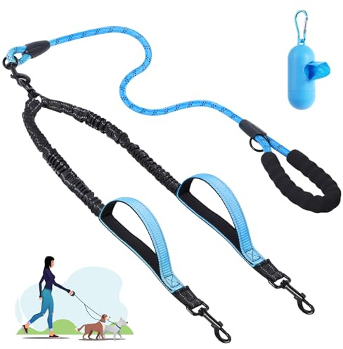 Doppelte Hundeleine, Sicherheitsgriff, doppelte Hundeleine zum Spazierengehen, 2 Hunde, kein Verheddern, 360° verhedderungsfrei, verdicktes Design, reflektierend, doppelte Hundeleine für mittelgroße