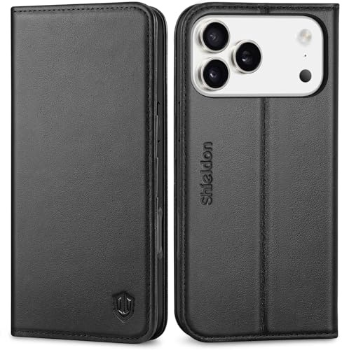 SHIELDON Echtleder Hülle für iPhone 17 Pro Max 6,9 5G 2025, Schwarz | Handyhülle, TPU Magnet Lederhülle, Schutzhülle, 3 Kartenfächer, Standfunktion, RFID Blocker, Handy-Ösen, Klapphülle