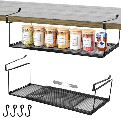 Ausziehbarer Unterregal-Hängekorb aus Metall, bohrfreier Küchenorganizer für Schränke, platzsparende Aufbewahrung für Speisekammer, Kleiderschrank & Schuhbank, ideal für Teller und Gewürze (Schwarz)