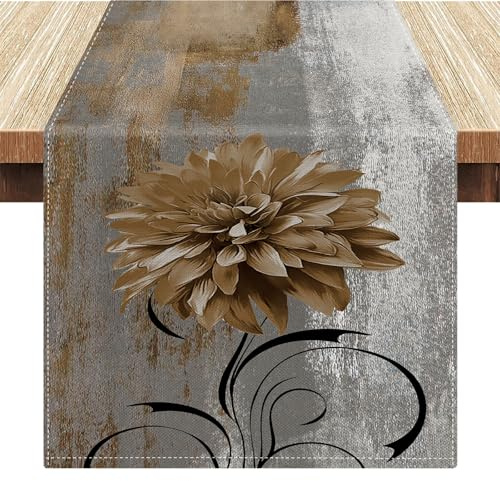 Tischläufer Braun Retro Tischläufer mit Dahlie Blume Bauernhaus Tischdekoration Rustikale Boho Party Deko Ölgemälde Tisch Läufer Akzenttisch Dekoratives Tuch 40 x 140 cm für Küche Kaffee Urlaub