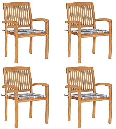 HaoChrymec Stapelbare Gartenstühle mit Kissen 4 STK. Massivholz Teak, Witterungsbeständig, Komfortabel, Für Garten, Terrasse und Balkon, Stapelstuhl Garten, Gartenstühle Stapelbar, 60 x 57.5 x 90 cm