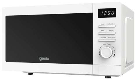 Igenix 20L 800W White Digital Microwave – 8 Auto Cook Programmes, 5 Power Levels, Defrost Setting, 60-Min Timer, Push Button Door, 255mm Turntable – IGMS02080W