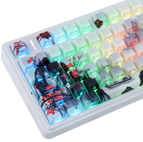 PBT Keycaps 130 Keys Double Shot Plum Blossom Keycaps, Shine Through Side Printed Keycap, Cherry Profile Dye Sublimation Custom Keycap for Cherry MX Switch Mechanical Keyboards