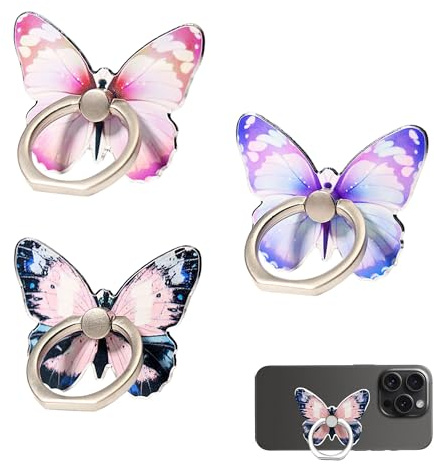 3PCS Butterfly Cell Phone Ring Stand Holder, Cute Butterfly Painted | Metal Finger Stand Kickstand 360°Rotation Phone Ring Holder Stand Ring Hand Grip with Knob Loop for Smartphone(3 Colors)