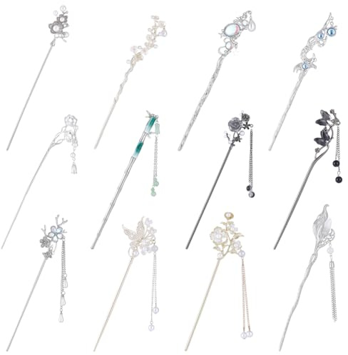 PH PandaHall 12 Styles Flower Butterfly Hair Sticks Chinese Hanfu Asian Vintage Hair Chopsticks Metal Flower Hairpins Silver Retro Long Hairpins Bun Updo Holders for Women Buns Updo Long Hairs