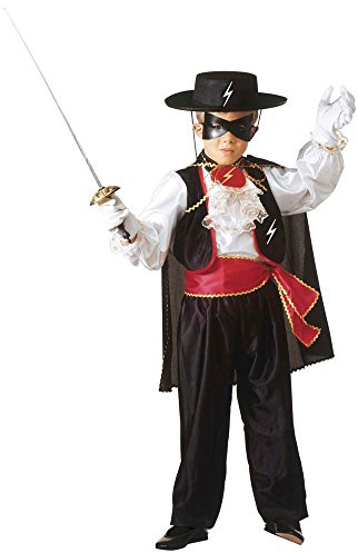 CARTOON Costume di Carnevale Zorro Bambino Travestimento Eroe Mascherato con Camicia con Jabot Gilet Pantaloni Cintura Mantello e Maschera Costume Avventura per Feste Recite e Cosplay