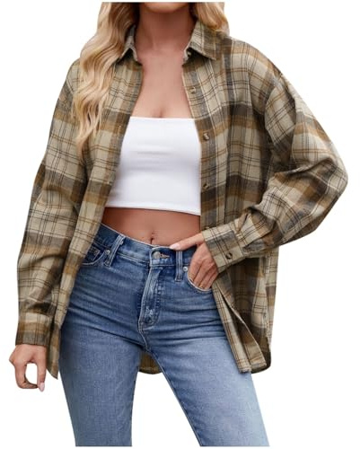 Chemise décontractée à carreaux multicolore pour femme, kaki, M