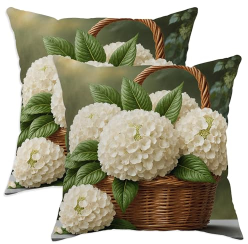 Juego de 2 fundas de cojín con diseño de hortensias y hojas naturales realistas, de terciopelo suave, lavable, para sala de estar, dormitorio, loft, oficina, coche, decoración de 22 x 22 pulgadas