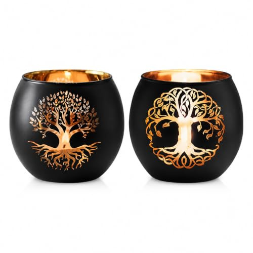Xecamuvila Lot de 2 Photophores en Verre Noir avec Motif Arbre de Vie – Bougeoirs Élégants pour Bougies Chauffes-Plat, Idéaux pour la Décoration du Salon et de la Table