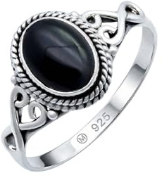 mantraroma Silberring Damen 925 Onyx – ovaler Cabochon Edelstein Ring im Vintage Stil