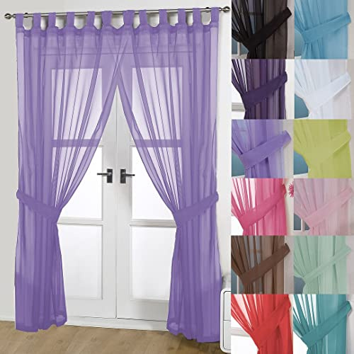 John Aird Pair Of Woven Voile Tab Top Curtain Panels. Tiebacks Included (Lilac, 58 Wide x 90 Drop)