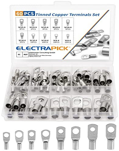 electrapick Pipe Cable Lugs 60 Pieces Tinned Copper Terminals Crimp Connector with 8 Sizes, Copper Battery Connectors Plug Cable Lugs