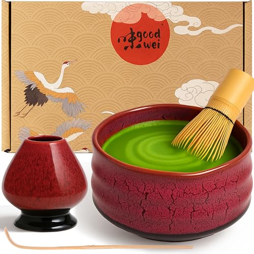 Goodwei Matcha Set with Matcha Whisk, Spoon and Ceramic Matcha Bowl with Whisk Holder in Matching Design | Artisanal Matcha Tea Bowl Chawan | Gift Set (Yogan, 80)