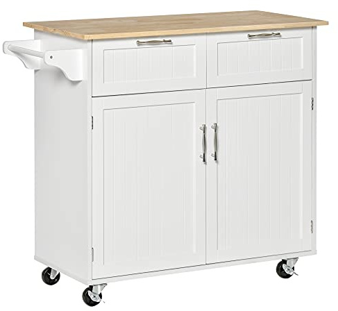 HOMCOM Isola Cucina con Piano di Lavoro in Legno di Caucciù, Carrello Cucina con Ruote, 2 Cassetti, Armadietto, Ripiani Regolabili e Porta Asciughini, in Legno MDF, 104x46x91cm, Bianco