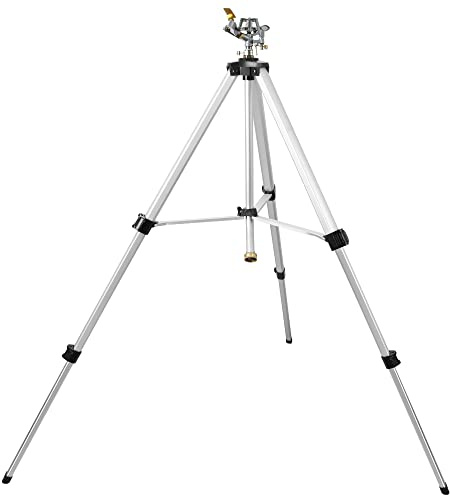 STYDDI Aspersor de impacto resistente en base de trípode, aspersor telescópico de metal extra alto para áreas grandes, patio, césped, jardín, aguas de hasta 90 pies de diámetro, patas que se extienden