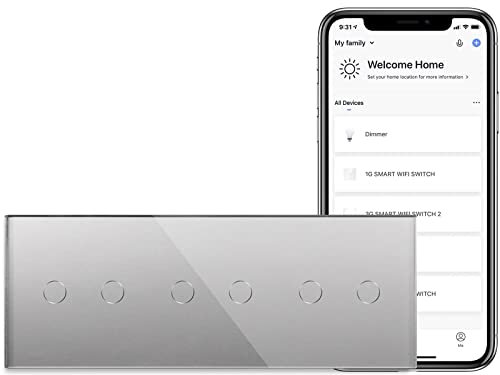 BSEED Interruptor de luz inteligente Alexa de cristal con tres compartimentos, interruptor de pared WiFi táctil, 2 vías (requiere cable neutro), compatible con Alexa/Tuya/Google Home, 228 mm x 86 mm