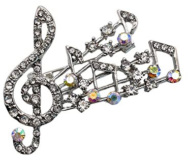 Kristallbesetzte Musik-Brosche, Musiknoten-Brosche, Violinschlüssel-Brosche, ca. 5 cm x 3,5 cm, inklusive Geschenkbeutel aus Samt, Metall