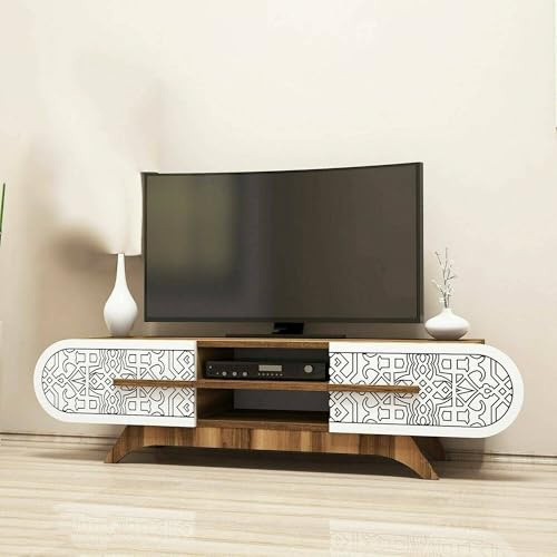 Dmora - Meuble TV Alud, Buffet de Salon, Armoire Basse pour TV, Base Murale équipée, 145x37h37 cm, Noyer et Blanc