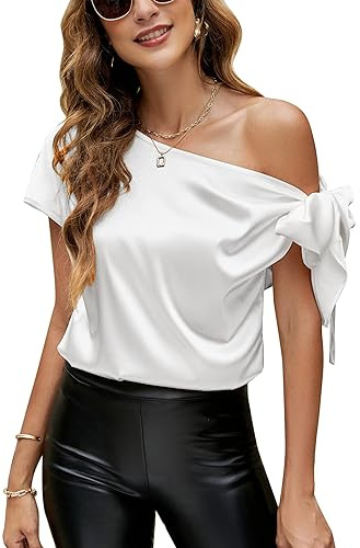 VIDUSSA Satin Chemisiers Blouses Femme Épaule décolletée Chemise Chic Élégante Casual Soie Shirts Tops Hauts