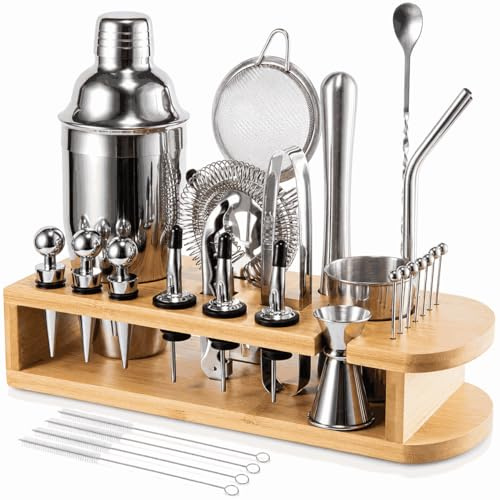 Semderm Cocktail Shaker Set, 26-Piece Premium Mixology Bartender Kit - 18/8 Stainless Steel Bar Set with Bamboo Stand - Includes Mixing Tin, Hawthorne & Mesh Strainer - Professional Gift for Men