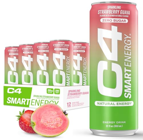 C4 Smart Energy Drink - Sugar Free Performance Fuel & Nootropic Brain Booster, Coffee Substitute or Alternative | Strawberry Guava 12 Oz - 12 Pack