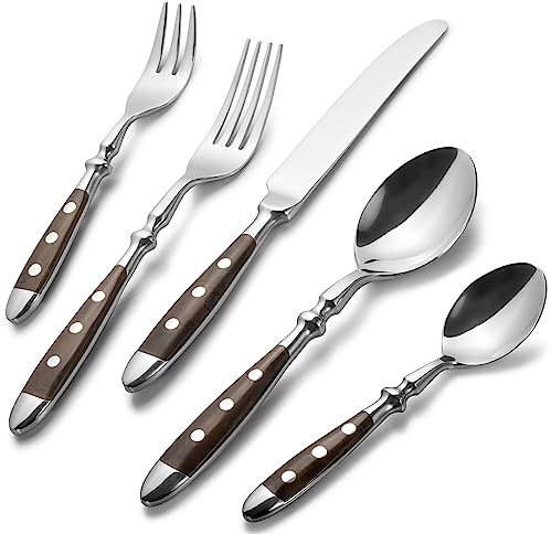 Alata Besteck Set für 6 Personen - Rustikales Tafelbesteck Set aus Edelstahl mit Braunen Griffen - Geschmiedet und Schwer - 30-teilig - Serie Berlin