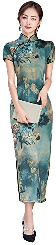 YUDATPG Abito cinese Cheongsam da donna, scollo a mandarino, slim fit, maniche corte, modellante, stampa floreale sexy laterale spaccatura abito Cosplay Halloween personalizzato, verde, M