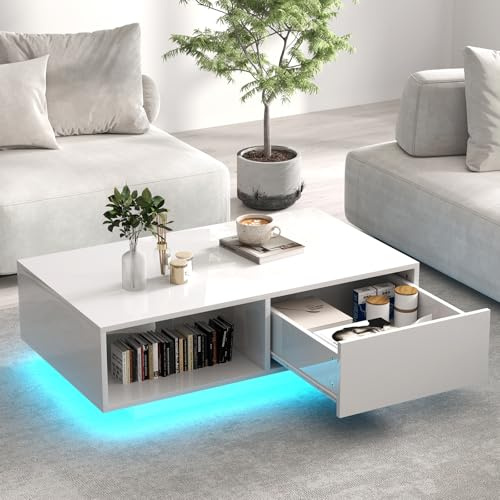 LIFEZEAL Tavolino da Salotto con Luci a LED, 1 Cassetto, 1 Scomparto, Colori, Luminosità Regolabili, Moderno, Basso, Remoto Controllo, Tavolino da Caffè, Soggiorno, Max 65kg, 95x55x31cm, Bianco Lucido