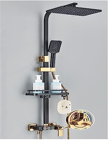 2023 New Digital Display Bathroom Shower System,Thermostatic Shower Faucet Black Set,Modern Rainfall Shower Tap for Bathroom LED Shower Panel (Color : Black Gold 3ways C, Size : 1)