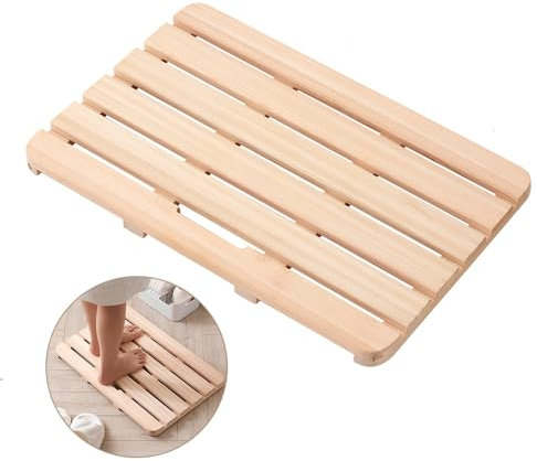 Rsuwiz Wooden Bath Mat Non-Slip Hinoki Cypress Wood Shower Mat Waterproof Luxury Spa Bathtub Mat for Indoor or Outdoor Use, 21 x 14 x 1.2 Inches