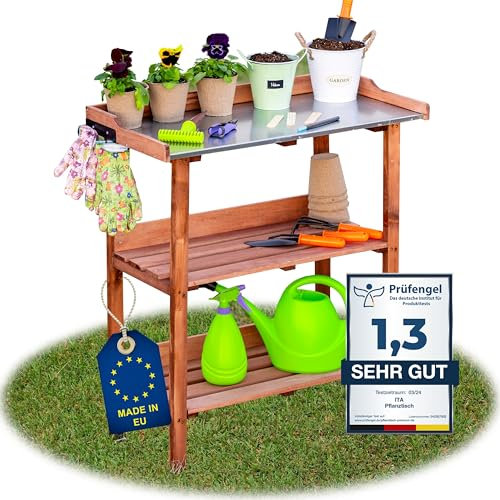 ITA Table de Plantation en Bois 76x38x89 cm - avec Plan de Travail galvanisé et étagère inférieure - Table de Jardin avec 3 étages - Qualité directe du Fabricant - Couleur Brun