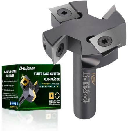 BALUGAEA Planfräser für Oberfräsen mit 12 mm Schaft 45mm Schnittdurchmesser | Planfräser 12mm Schaft mit 4 Stück Hartmetall-Wendeplatten für präzises Planfräsen mit Oberfräsen und CNC-Fräsen.