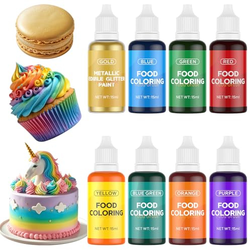 Food Colouring Set - 8 Colours x 15ml Concentrated Food Coloring, Edible Metallic Gold and Rainbow Food Colouring Liquid, Vibrant Food Colour Dye for Baking, Icing, Easter Decorating and DIY Crafts