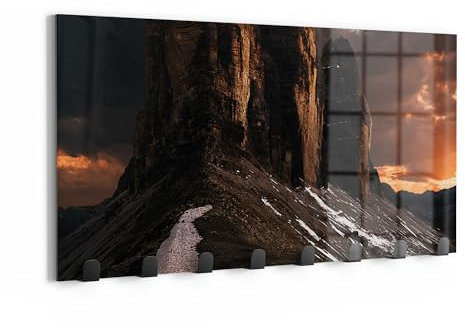 DEQORI Wandgarderobe Glas & Metall | Motiv Bergdämmerung | 60x30 cm | Design Haken-Leiste modern | Garderoben-Paneel für Flur, Wohnzimmer & Schlafzimmer | magnetisch & beschreibbar