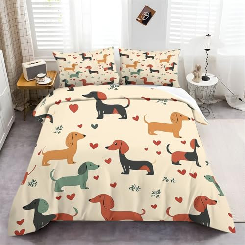 Copripiumino Animali Cani Cuori Foglie Colorato, 3 Pezzi Set Di Biancheria Da Letto Di Facile Manutenzione Con 2 Federe, Morbido Copripiumino Stampata Con Cerniera Nascosta 260 cm x 220 cm