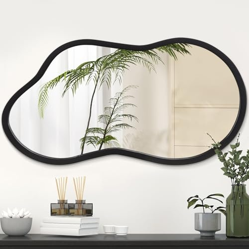 AAZZKANG Großer unregelmäßiger Wandspiegel, 66 x 40,6 cm, schwarz, asymmetrischer Spiegel, moderner Holzrahmen, für Badezimmer, Schlafzimmer, Wohnzimmer, Eingangsbereich