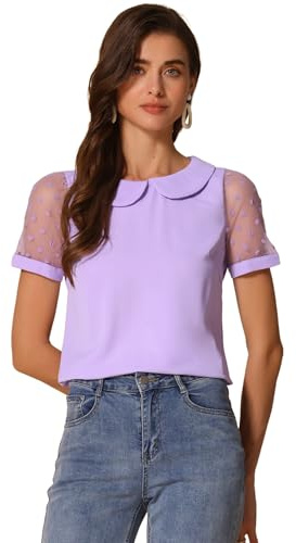 Allegra K Damen Puffärmel Vintage Bubikragen Oberteil Mesh Polka Punkte Top Bluse Lila XL