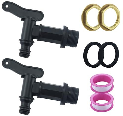 2 Stück Auslaufhahn für Regentonne, Wasserhahn 3/4 Zoll Kunststoff Ersatzhahn mit Dichtung Kontermutter Dichtband für Regenwassertonne, mit 2 Gummidichtungen, 2 Rollen Rohband, 2 Messingschnallen