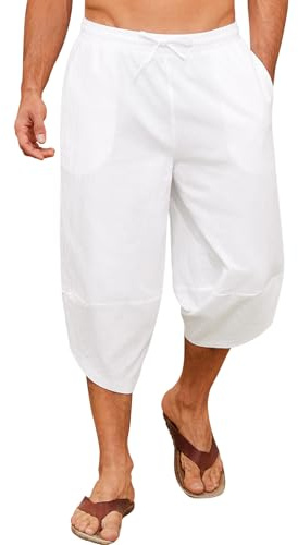 Yuson Girl Pantaloni 3/4 Uomo Pantalone Estivi da Spiaggia Cotone Pantaloni Harem Leggeri Comodi Allentati Pantaloni Lunghi Casual con Coulisse e Tasche per Yoga Quotidiano in Vacanza(Bianco, XL)