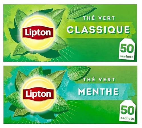 Lipton Pack Thé Vert classique Origine Asie, Thé vert menthe, Infusion à Froid ou Chaud, Ingrédients d'Origine 100% Naturelle, 100 sachets