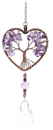 Amethyst Sun Catchers for Windows, Purple Hanging Ornament Life Tree Glass Pendant, Novelty Natural Quartz Gemstone Pendant Rainbow Maker Suncatcher, for Ladies Girls, Home Decorationm