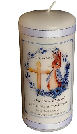 Personalised Baptism Candle, Rabbit Design, Blue Church Ceremony Gift